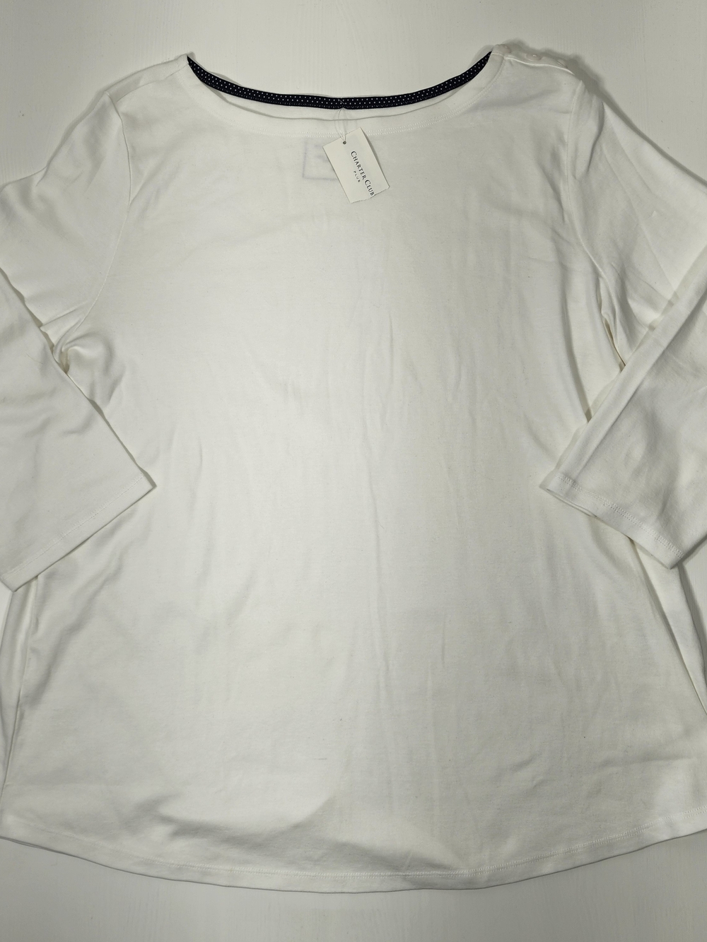 Charter Club White Long Sleeve Tee with Navy Trim